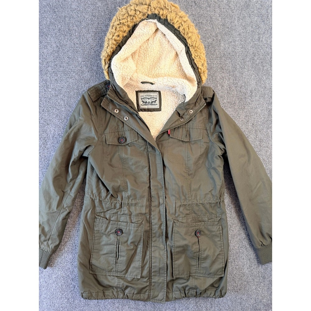 Levi's Womens M Olive Green Faux Fur‎ Hood Sherpa Lined Military Parka Jacket